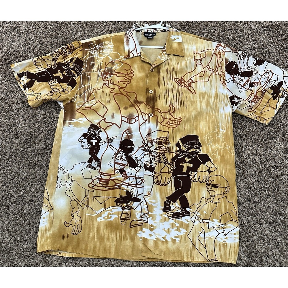 Vintage Canopy Shirt Short Sleeve Button Up Anime AOP Loop Collar Y2K Mens XL